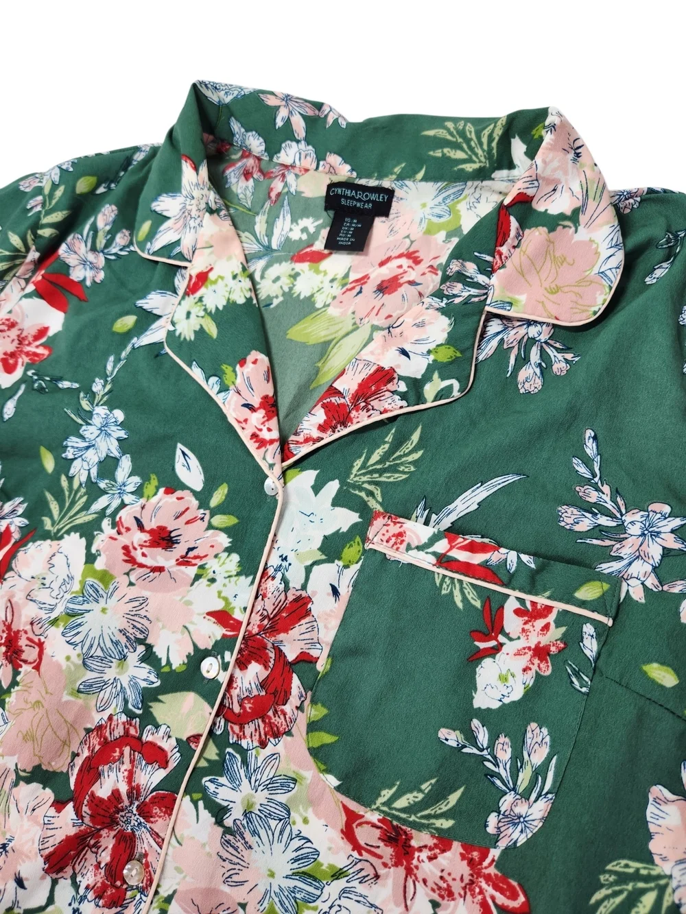 Cynthia Rowley 2-Piece Pajama Set  Med Green Pink Floral Silky Shorts PJs Resort
